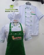 Đồng phục đầu bếp áo trắng tạp dề xanh logo Hạnh Phúc.