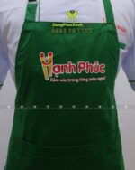 Đồng phục đầu bếp áo trắng tạp dề xanh logo Hạnh Phúc.