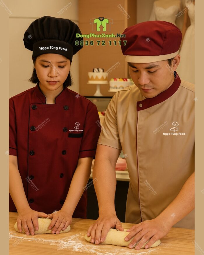 Đồng phục đầu bếp Ngọc Tùng Food màu đỏ đô và be, vải kaki 65/35