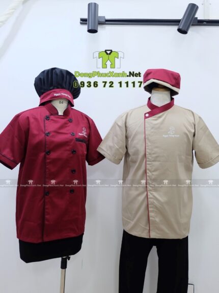 Đồng phục đầu bếp Ngọc Tùng Food màu đỏ đô và be, vải kaki 65/35