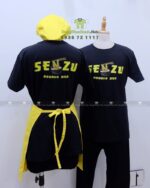 Bộ đồng phục quán ăn áo thun cotton đen in logo vàng kết hợp nón kaki