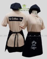 Đồng phục quán cafe gồm áo thun, tạp dề, mũ nhân viên in logo thương hiệu