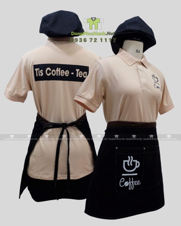 Đồng phục quán cafe gồm áo thun, tạp dề, mũ nhân viên in logo thương hiệu