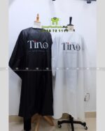 Áo choàng tóc in logo Tino màu đen và trắng, chất liệu vải dù