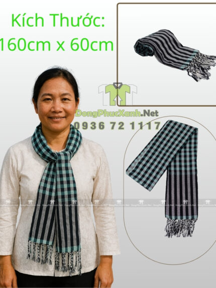 Khăn rằn Nam Bộ màu xanh ngọc phối đen, cotton mềm, kích thước lớn 160×60cm.