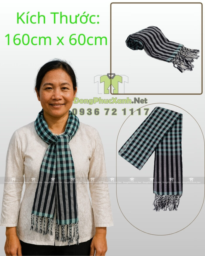 Khăn rằn Nam Bộ màu xanh ngọc phối đen, cotton mềm, kích thước lớn 160×60cm.