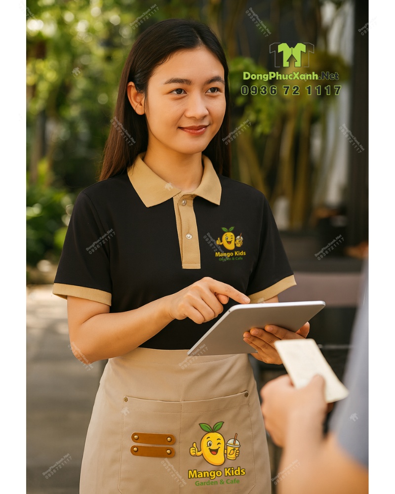 Mẫu đồng phục quán cà phê đẹp Mango Kids in logo sắc nét. Đồng phục quán cafe Mango Kids áo polo đen và tạp dề kaki be.