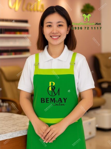 Tạp dề nail Bemay Salon màu xanh lá phối xanh neon thêu logo