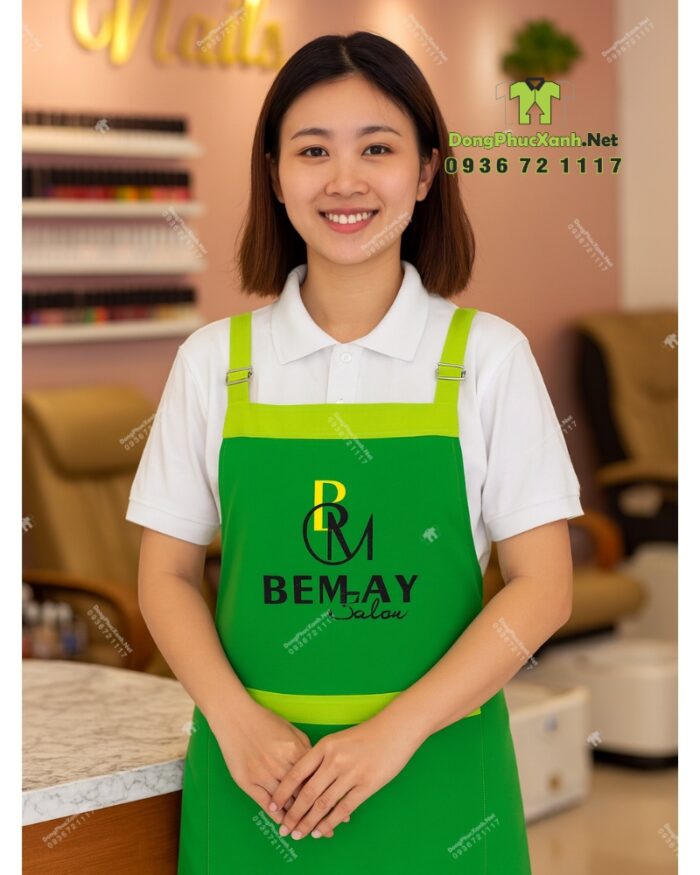 Tạp dề nail Bemay Salon màu xanh lá phối xanh neon thêu logo