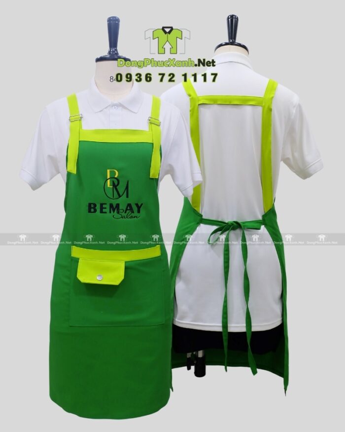 Tạp dề nail Bemay Salon màu xanh lá phối xanh neon thêu logo