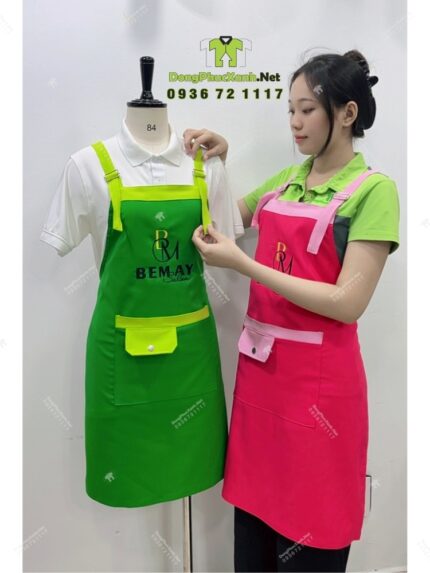 Tạp dề nail Bemay Salon màu xanh lá phối xanh neon thêu logo