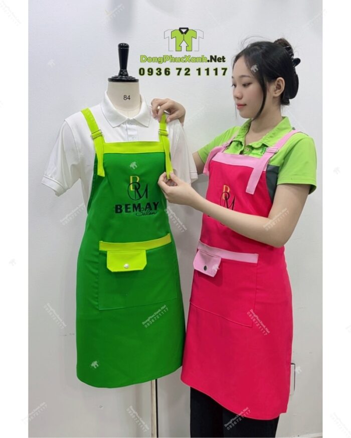 Tạp dề nail Bemay Salon màu xanh lá phối xanh neon thêu logo