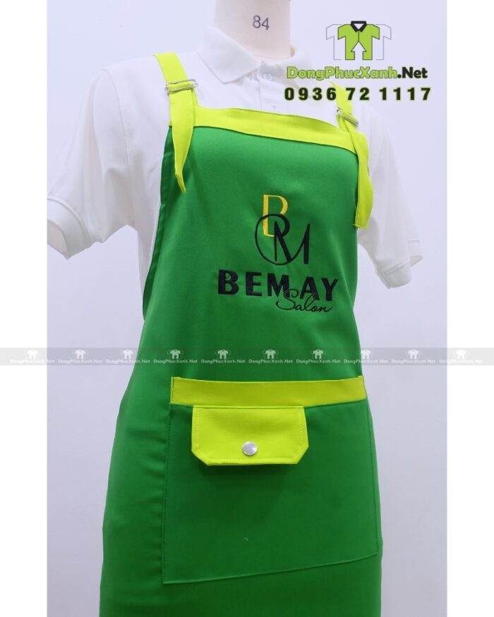 Tạp dề nail Bemay Salon màu xanh lá phối xanh neon thêu logo