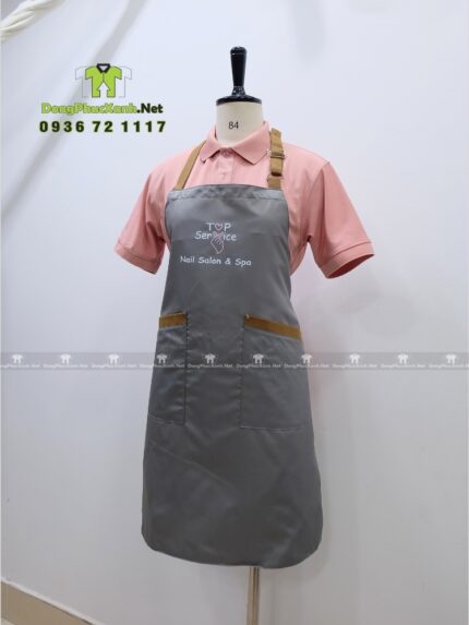 Tạp dề nail màu ghi xám vải Miro 2 lớp in logo Top Service