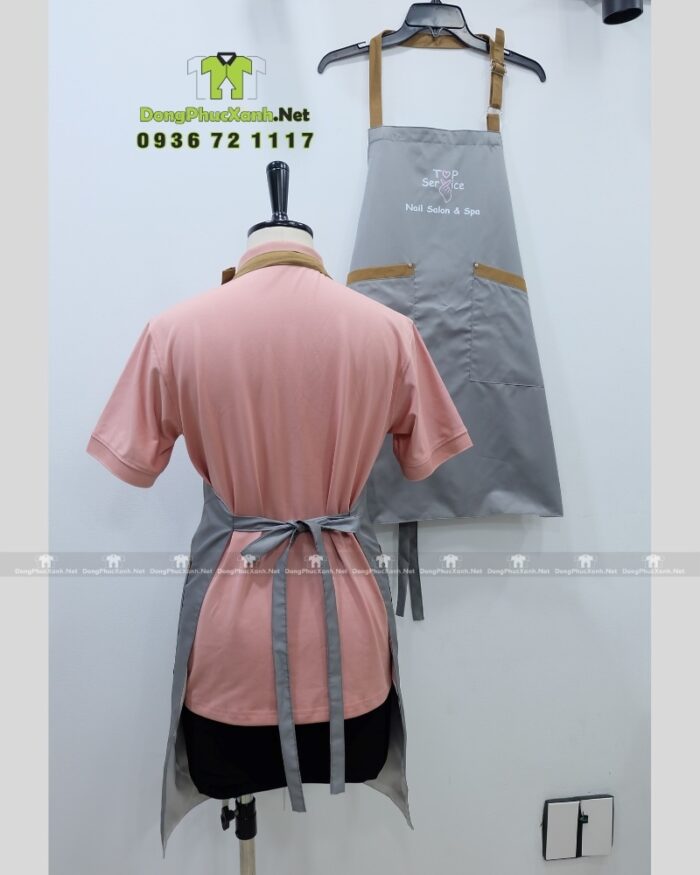 Tạp dề nail màu ghi xám vải Miro 2 lớp in logo Top Service