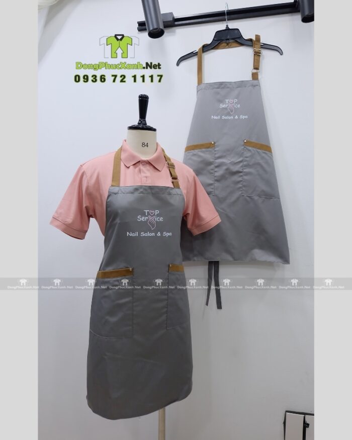Tạp dề nail màu ghi xám vải Miro 2 lớp in logo Top Service