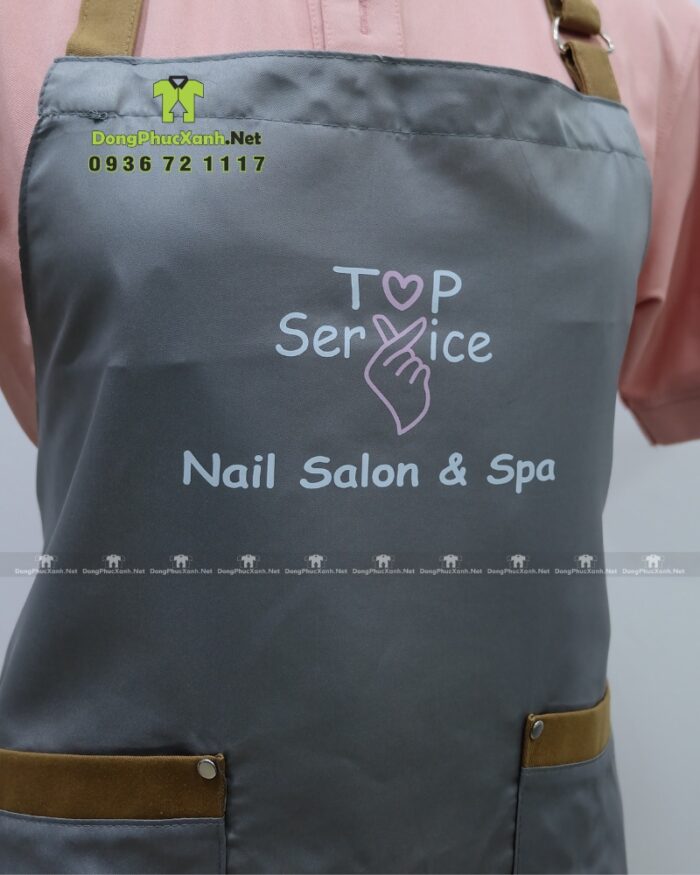 Tạp dề nail màu ghi xám vải Miro 2 lớp in logo Top Service