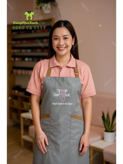 Tạp dề nail màu ghi xám vải Miro 2 lớp in logo Top Service
