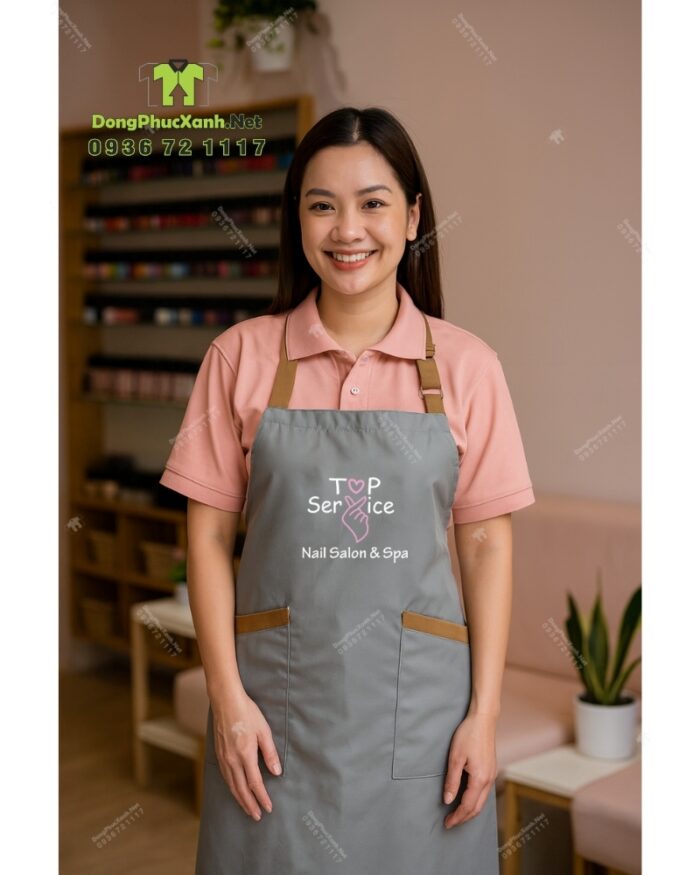 Tạp dề nail màu ghi xám vải Miro 2 lớp in logo Top Service