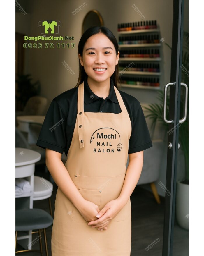Tạp dề nail màu be in logo Mochi Nail Salon sang trọng.