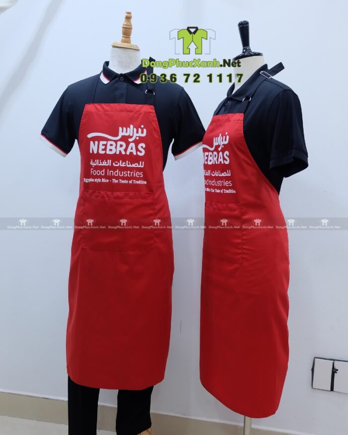 Tạp dề phục vụ màu đỏ vải kaki 65/35 in logo NEBRAS.