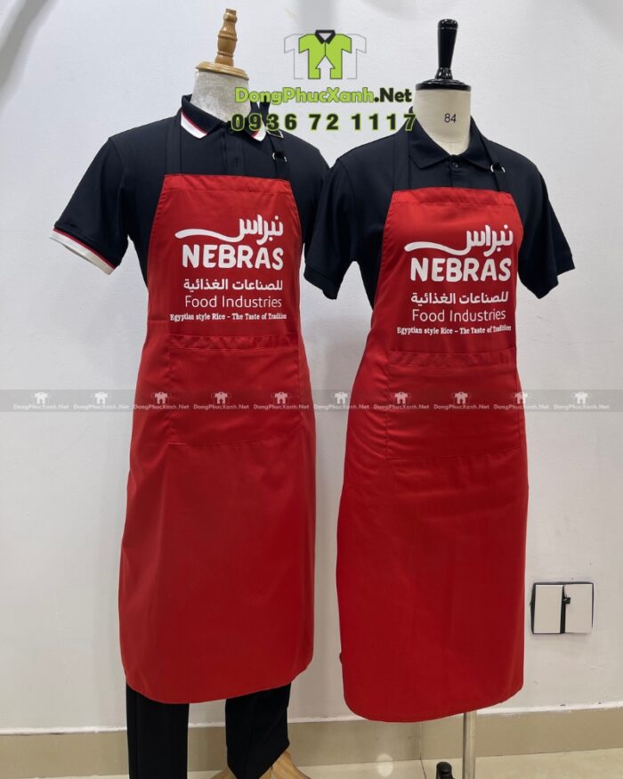 Tạp dề phục vụ màu đỏ vải kaki 65/35 in logo NEBRAS.