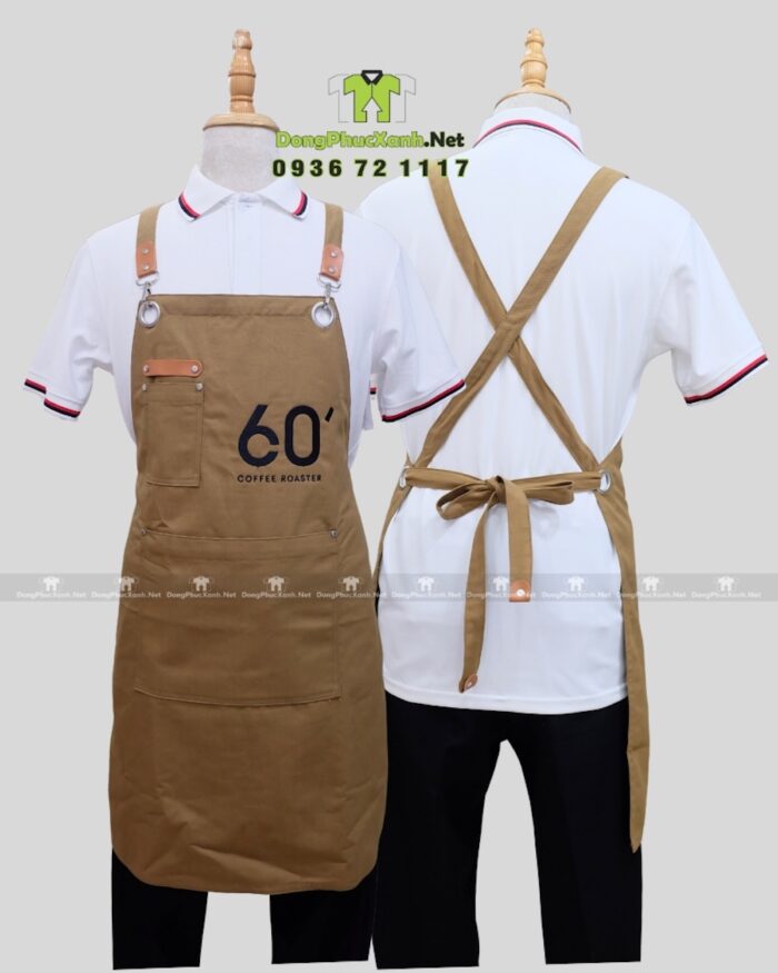 Tạp dề phục vụ vải kaki cotton màu nâu thêu logo 60' Coffee Roaster