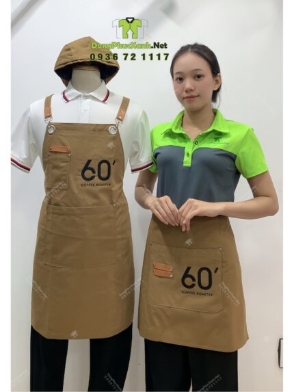 Tạp dề phục vụ vải kaki cotton màu nâu thêu logo 60' Coffee Roaster