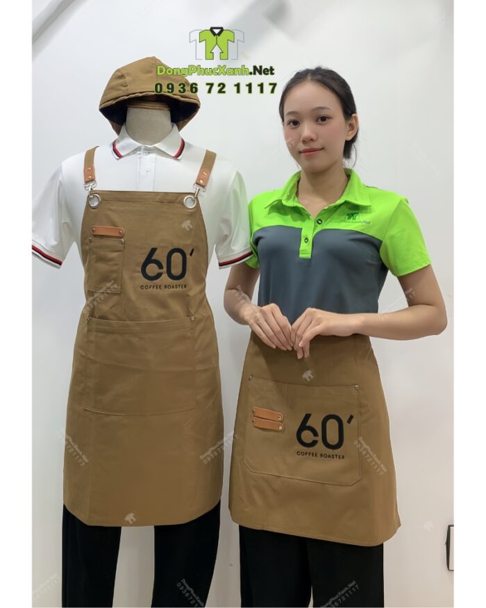 Tạp dề phục vụ vải kaki cotton màu nâu thêu logo 60' Coffee Roaster