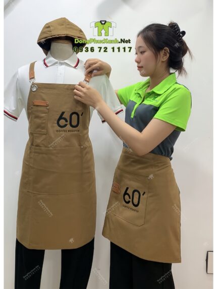 Tạp dề phục vụ vải kaki cotton màu nâu thêu logo 60' Coffee Roaster