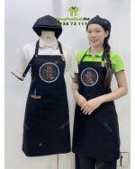 Tạp dề pha chế quán cafe màu đen phối da, in logo Gà Coffee