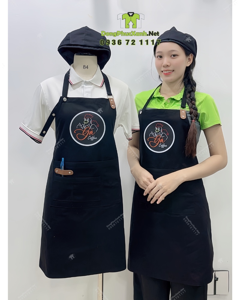 Tạp dề pha chế Gà Coffee chất liệu kaki cotton phối da. Tạp dề pha chế quán cafe màu đen phối da, in logo Gà Coffee