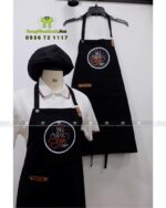 Tạp dề pha chế quán cafe màu đen phối da, in logo Gà Coffee