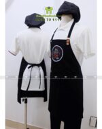 Tạp dề pha chế quán cafe màu đen phối da, in logo Gà Coffee