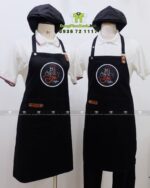 Tạp dề pha chế quán cafe màu đen phối da, in logo Gà Coffee