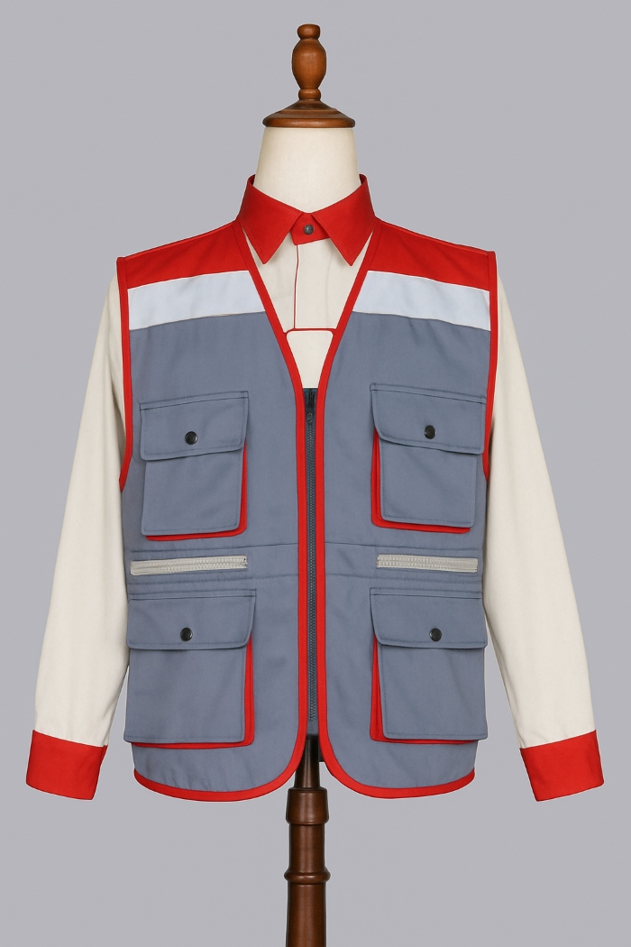 Áo gile bảo hộ kiểu Hàn Quốc màu xám phối đỏ với thiết kế tối giản