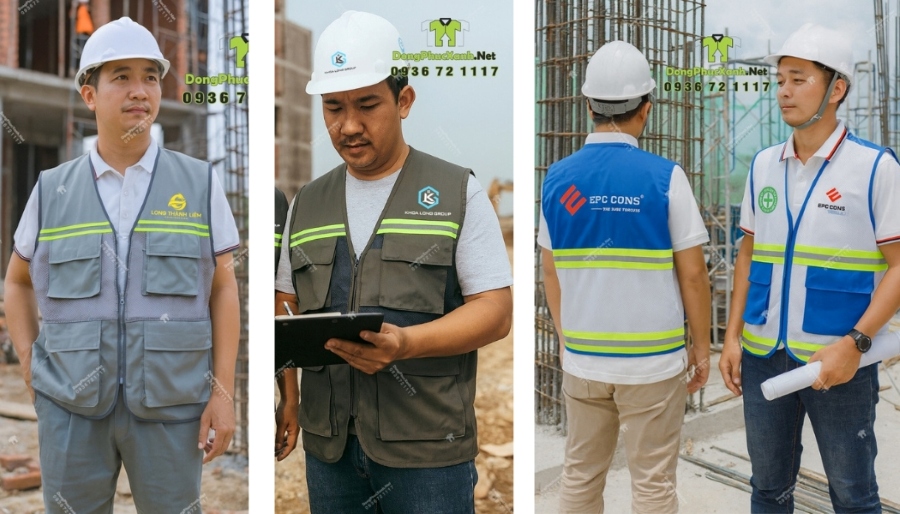 Kỹ sư mặc áo gile bảo hộ tại công trình, áo nhiều túi và phản quang dùng để nhận diện và hỗ trợ thao tác khi làm việc