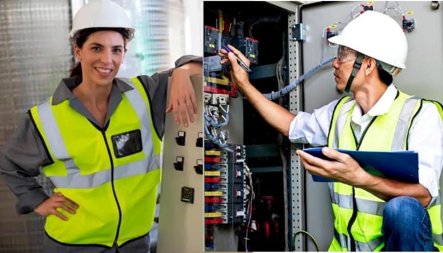 Kỹ sư M&E mặc áo gile bảo hộ khi kiểm tra điện tại tòa nhà, sử dụng túi áo để mang theo dụng cụ kỹ thuật