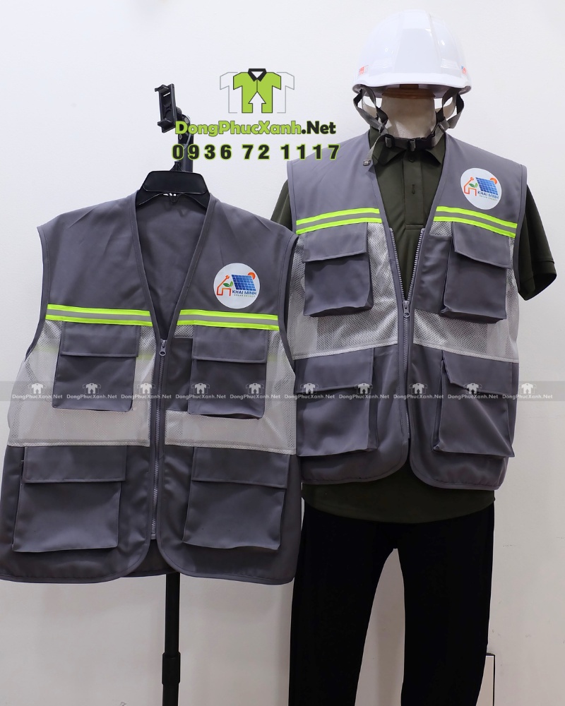 Áo gile kỹ sư M&E màu xám form gọn nhiều túi nhỏ dùng trong kỹ thuật tòa nhà