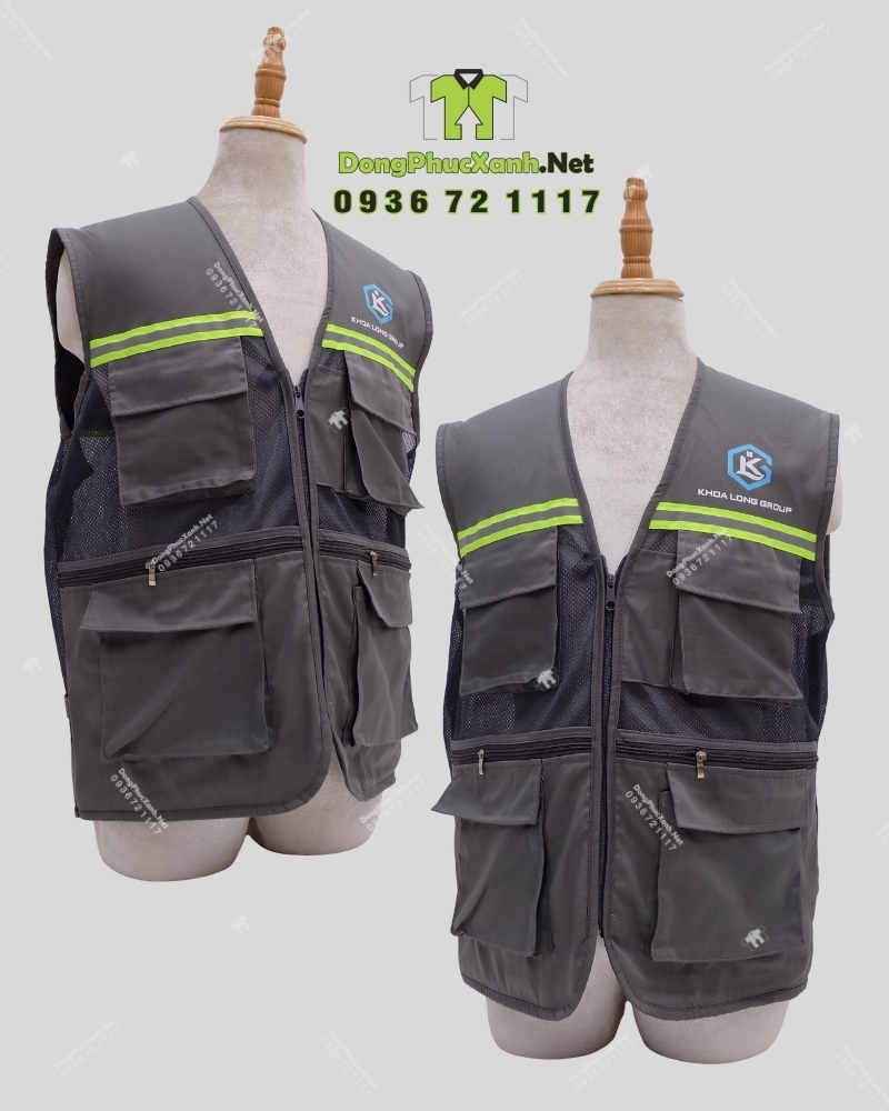 Áo gile kỹ sư in logo công ty xây dựng Khoa Long màu xám có phản quang dùng trong công trình