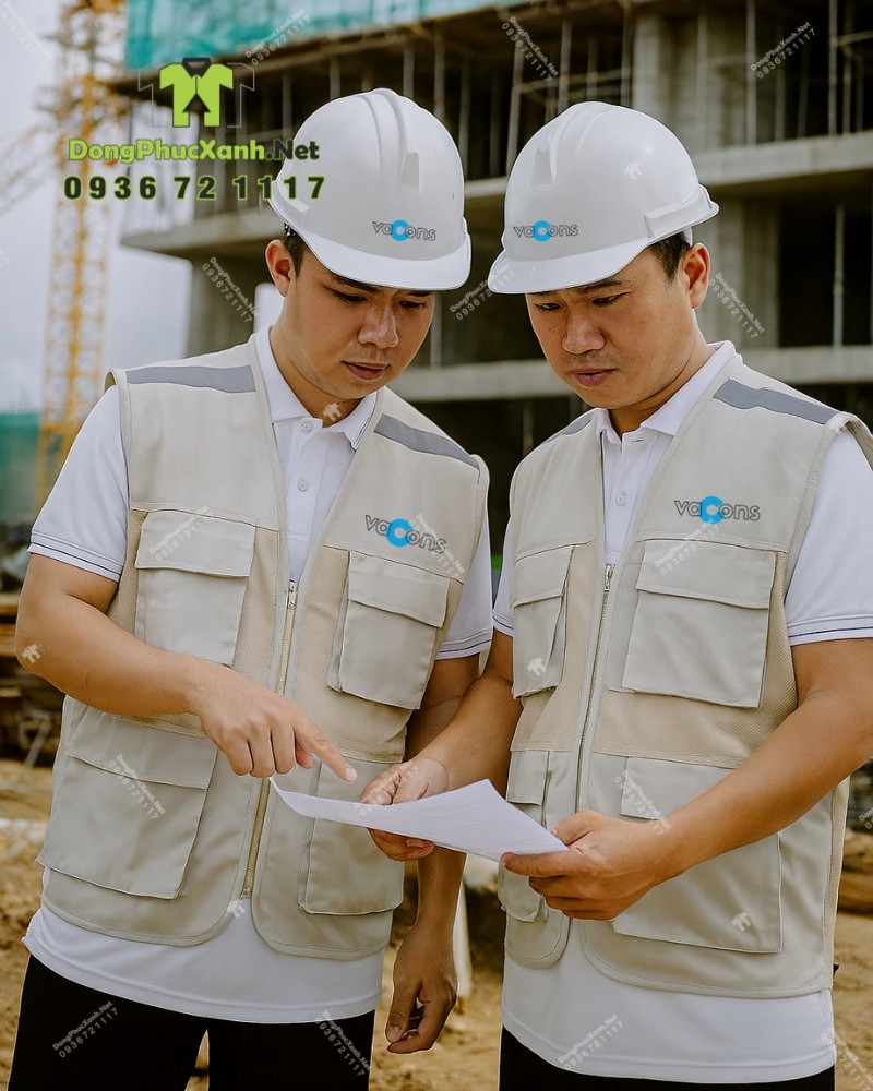 Áo gile túi hộp xây dựng màu kem