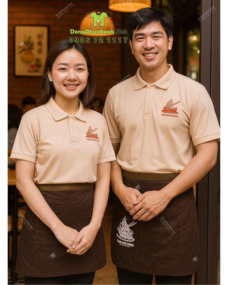 Bộ Đồng Phục Quán Ăn Tiệm Nhà Bông Màu Be Phối Nâu Đẹp Đồng Phục Quán Ăn Tiệm Nhà Bông