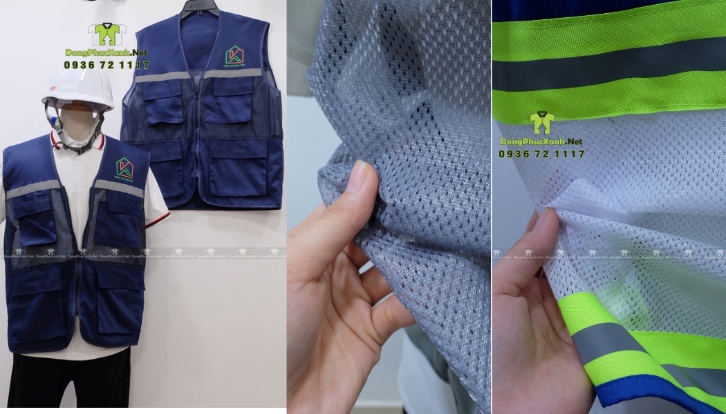 Hình minh họa các chất liệu thường dùng để may áo gile bảo hộ như kaki và lưới; nhiều đơn vị gặp lỗi khi chọn sai chất liệu cho môi trường làm việc