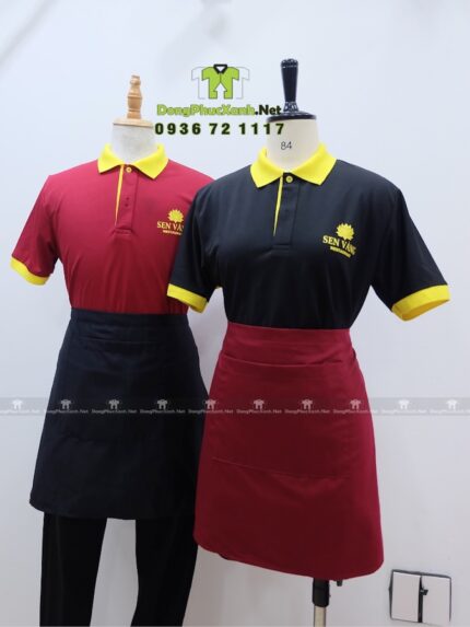 Mẫu đồng phục phục vụ mà đen và đỏ đô phối vàng