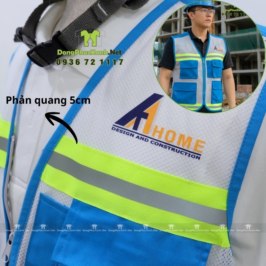 Phản quang bản 5cm trên áo gile bảo hộ, loại sáng rõ và bền khi làm việc ban đêm hoặc trong kho vận
