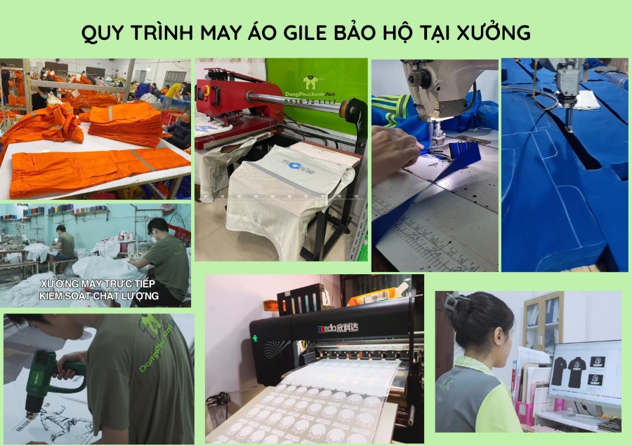 Quy trình may áo gile bảo hộ và in logo tại xưởng DongPhucXanh.Net