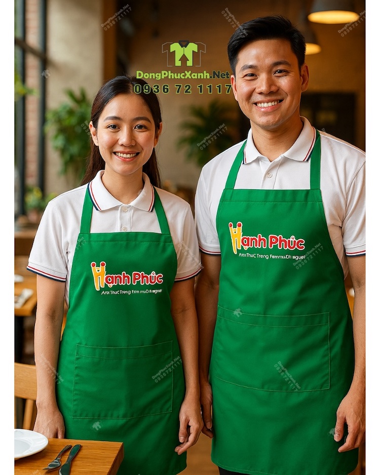 tap-de-nhan-vien-phuc-vu-mau-xanh-la-in-logo-hanh-phuc Tạp Dề Đồng Phục Màu Xanh Lá
