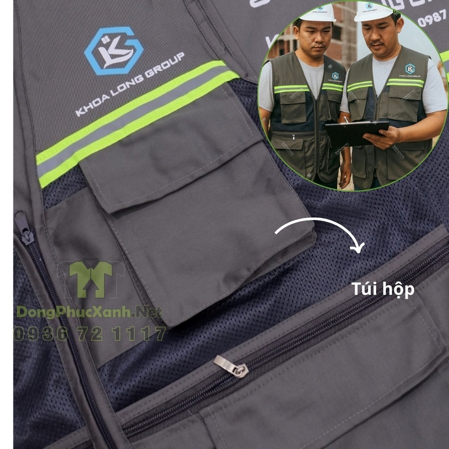 Chi tiết túi hộp áo gile công trình, may đắp mép và bo cạnh để đựng bộ đàm và dụng cụ không bị rách