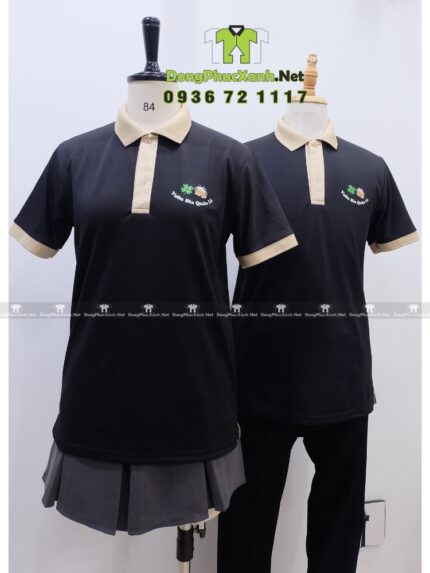 Áo đồng phục nhân viên Vườn Bia Quán Lá màu đen phối be đẹp mắt