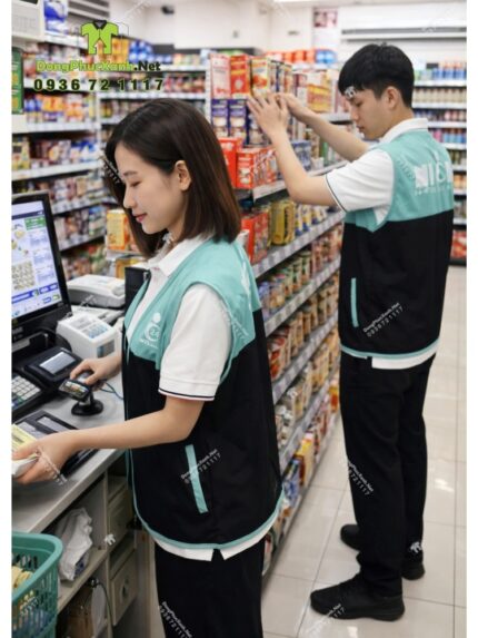 Áo gile nhân viên cửa hàng 24 Nite Mart thiết kế phối màu đẹp mắt